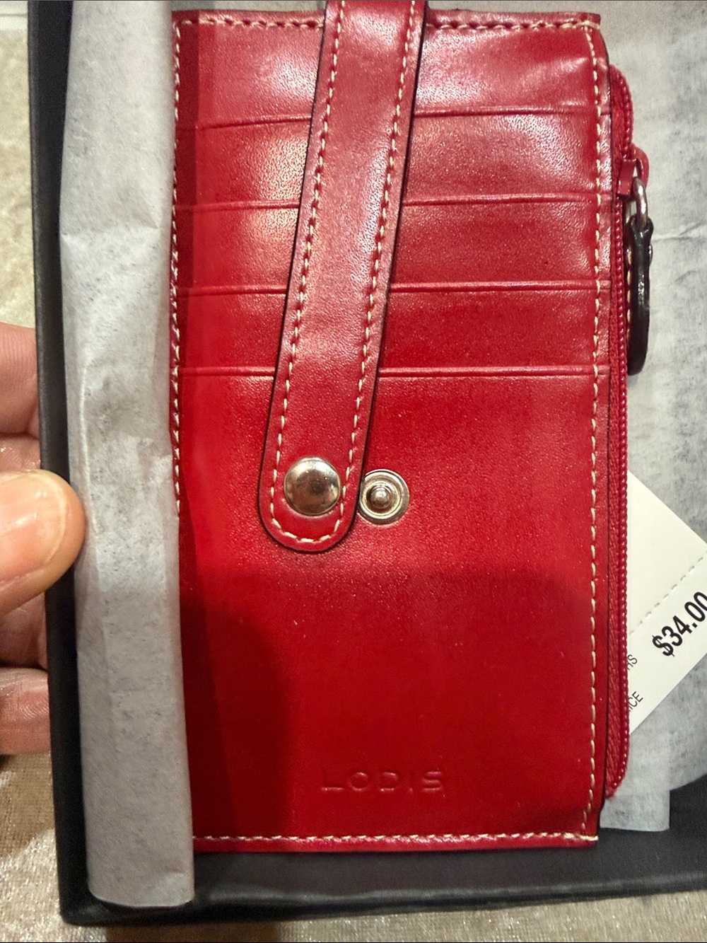 Lodis Red Leather Women’s Card Wallet with Snap Strap and Zip